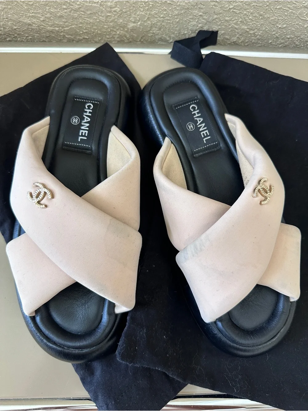 CHANEL Pink Crossband Slide Sandals with Gold CC